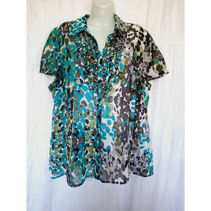 Women's East 5th semi sheer ruffle button front career Blouse 2X Teal Gray